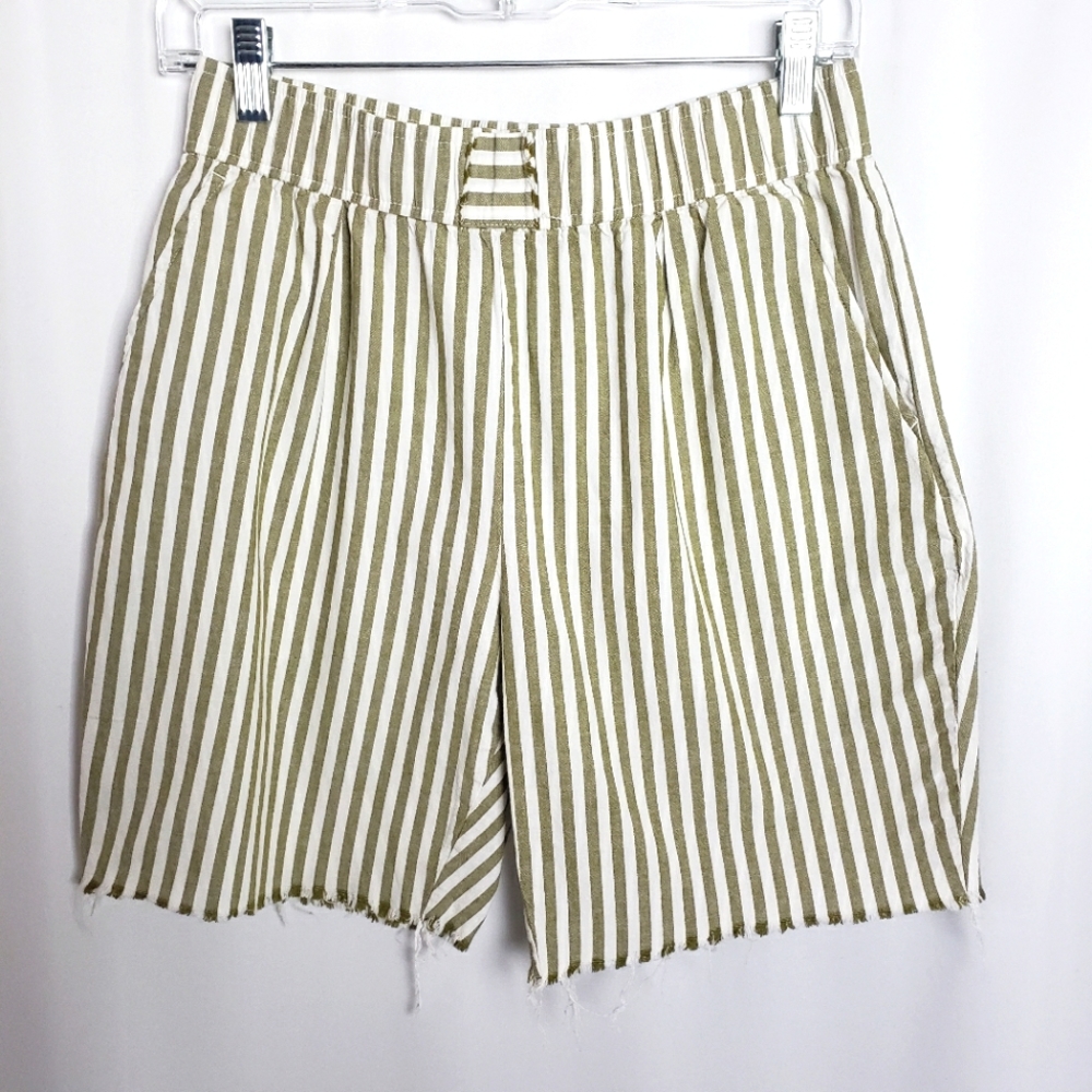 ZARA, Womens Linen Pants, Green and White Vertical Stripes, Size S, Distressed